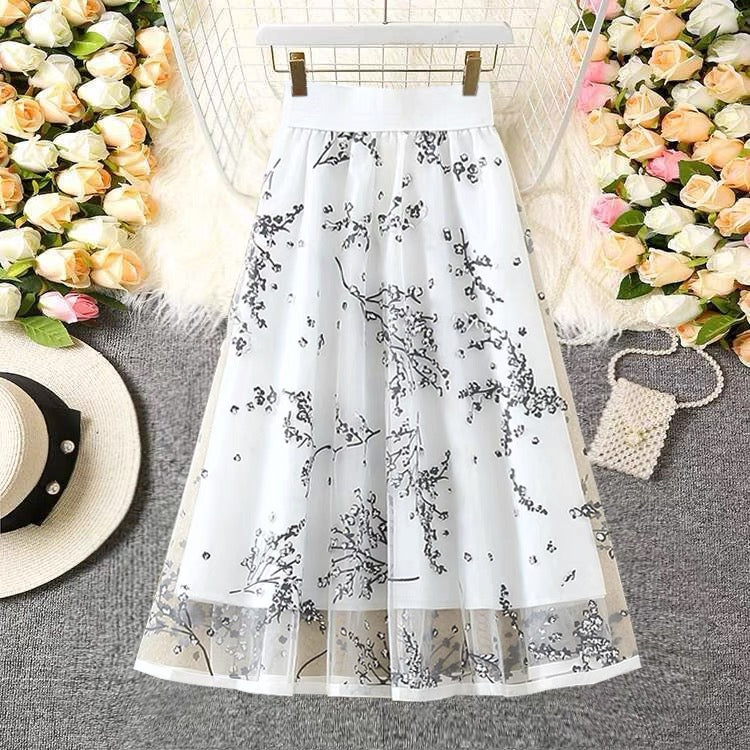 Mesh skirt, high-waisted print bouffant skirt with zipper, A-line skirt midi tulle skirt 3602