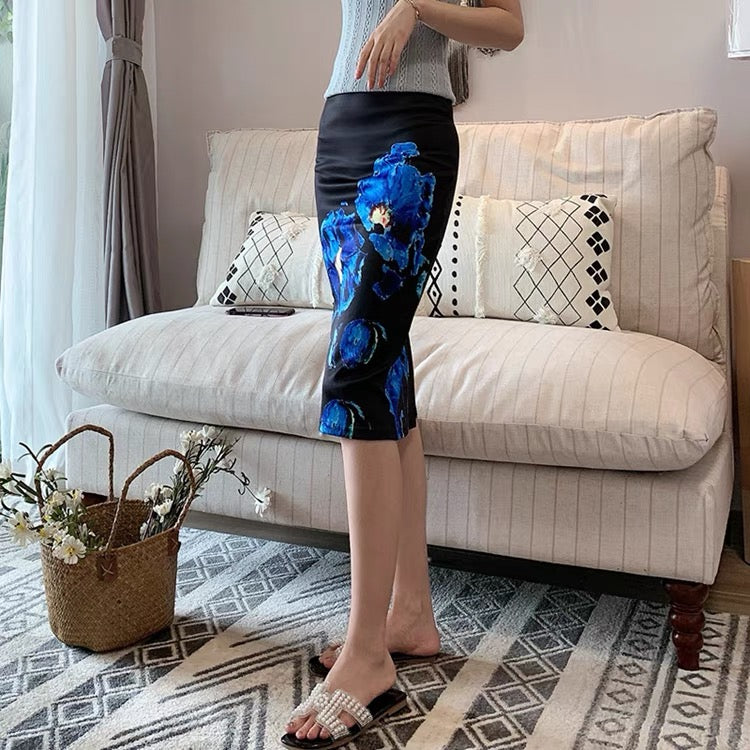 Neuer Stil, hoher Rock mit figurbetontem Fanny-Print, Tuschemalerei-Stretchrock mit Schlitz 3536