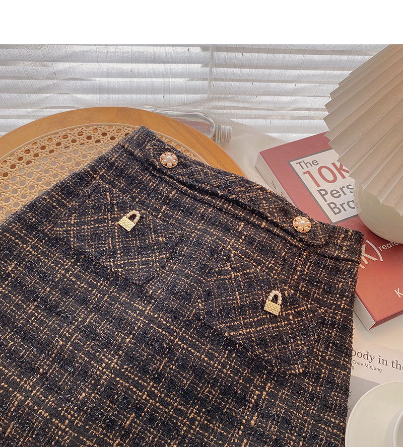 Jupe courte en tweed de soie brillante pour femme Jupe taille haute à carreaux rétro en forme de A 5510