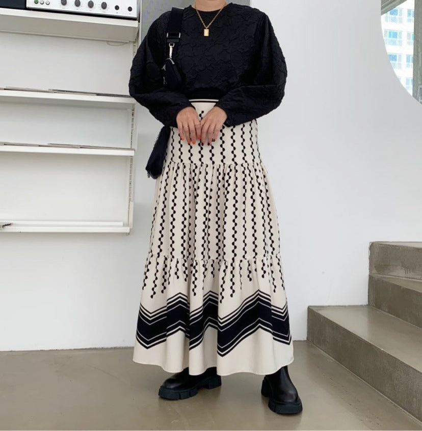New skirt, stitching retro polka-dot print skirt, wavy pattern high waist long cake skirt 3678