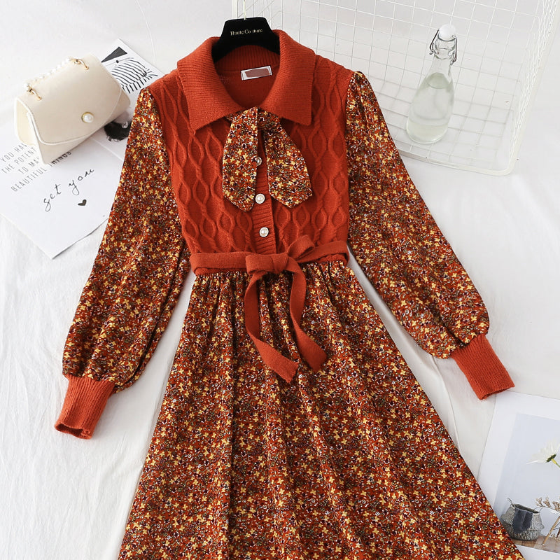 Patchwork lace up floral skirt slim elastic waist Corduroy Skirt 4086