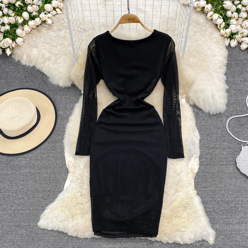 Sexy Kleid 3788 mit Reißverschluss an der Hüfte und langen Ärmeln mit V-Ausschnitt im Hongkong-Stil