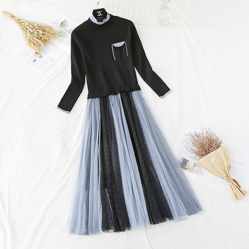 Fashion stitching waist closing mesh pleated bottom skirt 4446
