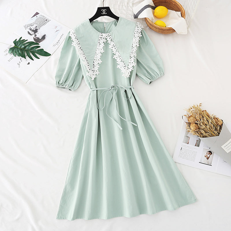 Lace doll neck cotton linen dress French retro bubble sleeve 4590
