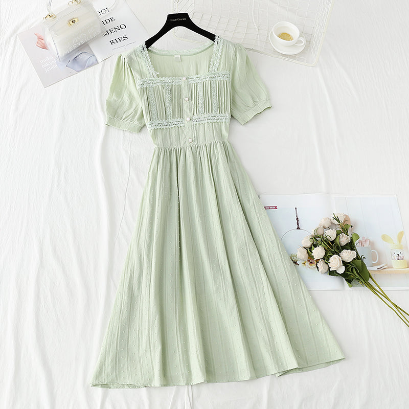 French Square Neck Lace stitching, waist closing, thin first love skirt 4240