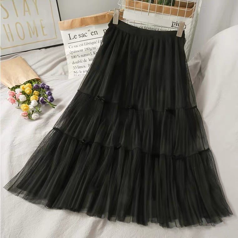 Super fairy bow decoration, splicing A-line skirt, sweet high waist tulle skirt 3603