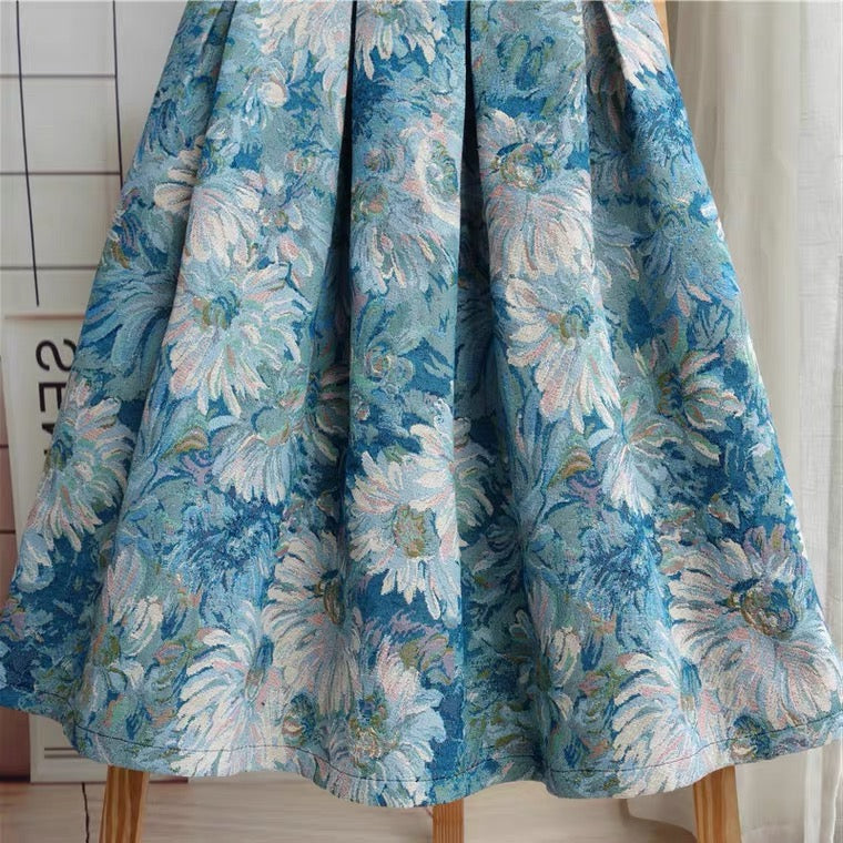 Bemalter Jacquard-Regenschirmrock mit hoher Taille, neuer Stil, bestickter blau-weißer Porzellan-Ölgemälderock, bauschiger Rock, Vintage-Rock 3546