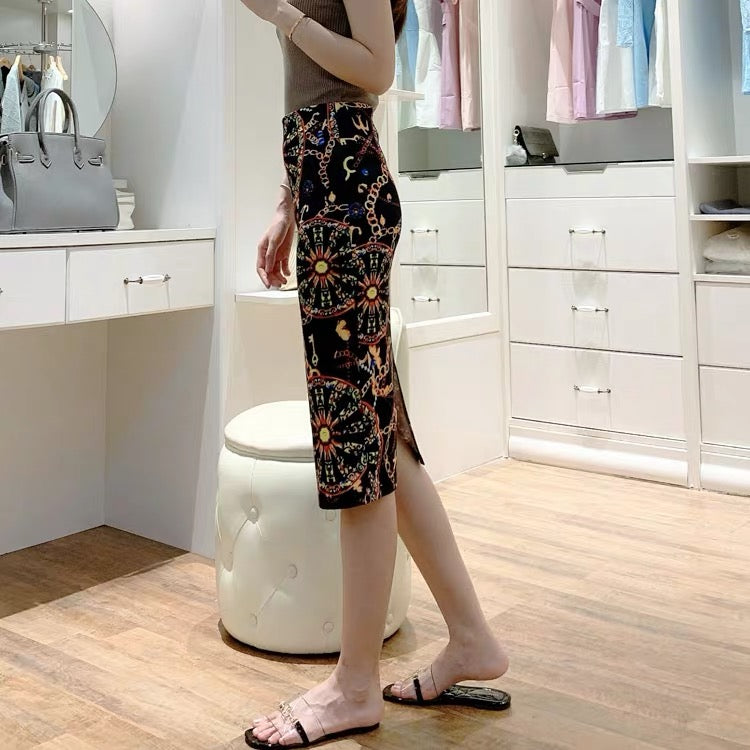Personalized printed high-waist skirt, vintage stretch slit bodyocn skirt 3538