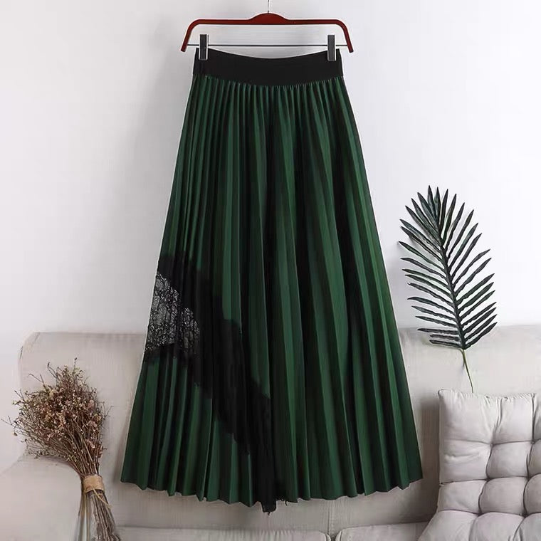 New style, high waist, large swing, elastic waist, pleated spliced lace mid-length skirt 3624