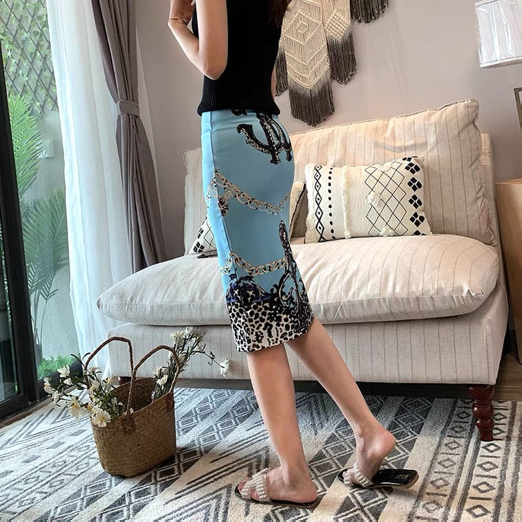 High-fanny hip skirt ,slimming stretch bodycon skirt, slit print skirt 3543