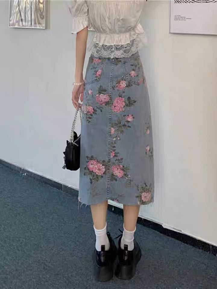 Denim skirt, mid-length A-line skirt with floral split 3551