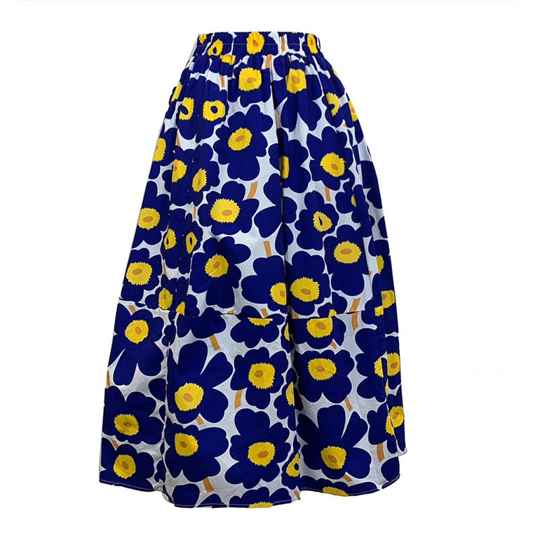 Jupe trapèze florale fraîche, taille haute, ample, jupe midi élégante 3596