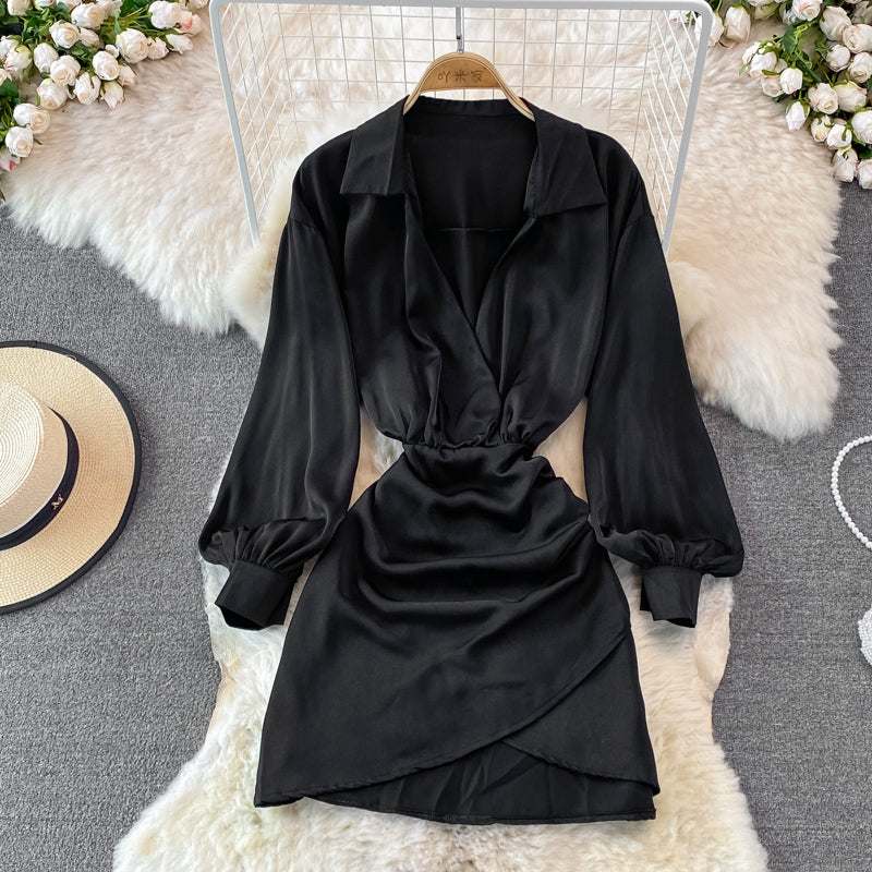 Lapel waistband slim pleated buttock bottomed dress 3752