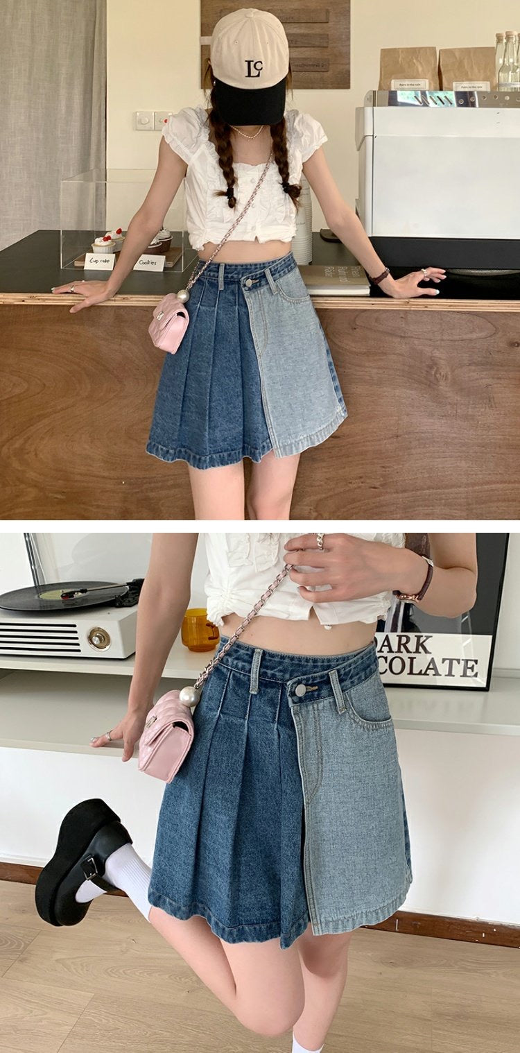 Spice Girl denim skirt, American vintage pleated skirt, patchwork high-waisted A-line shorts 3554