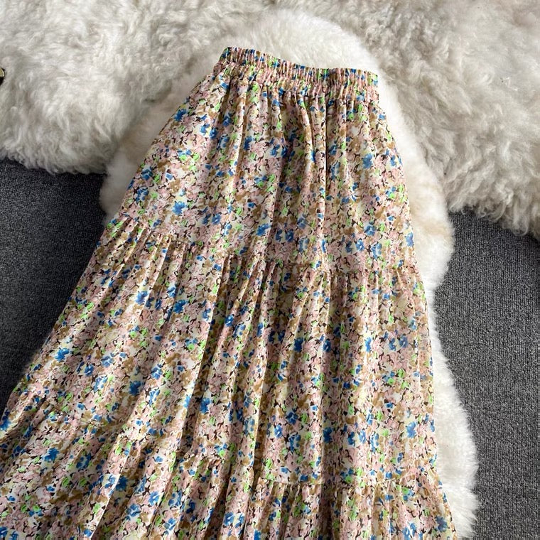 New style, high waist, elastic waist A-line vintage chiffon skirt, floral splicing midi skirt 3561