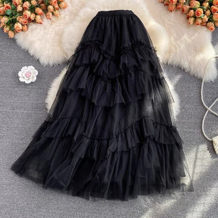 High waist mid length over the knee skirt, versatile cake skirt mid skirt mesh skirt, elastic waist pleated skirt 3528