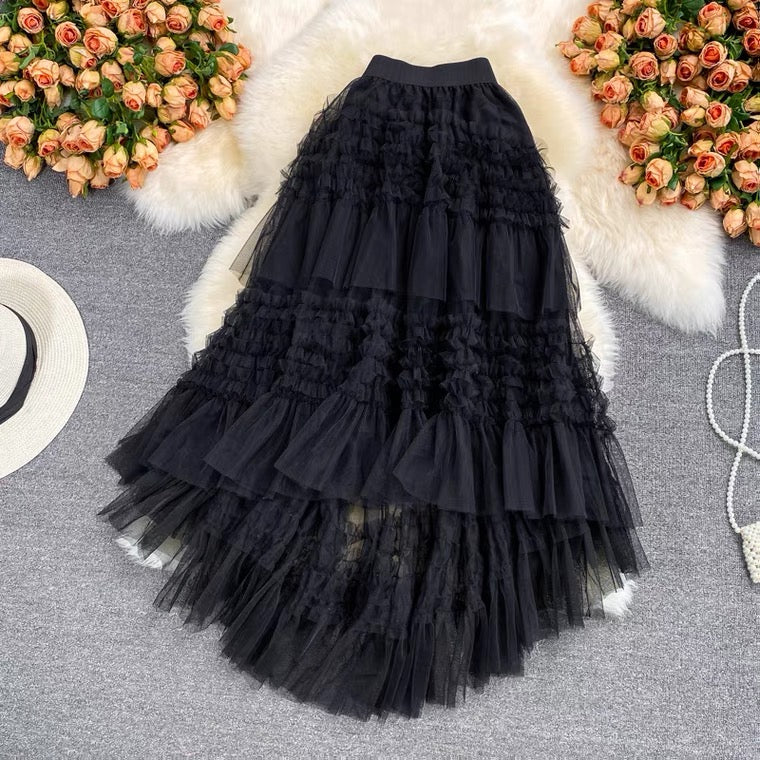 New style, high waist, solid color, irregular hem, mesh splice pompous skirt, A-line full skirt 3527