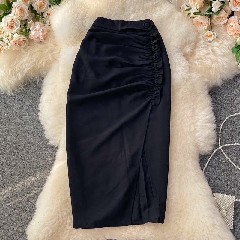 Tight skirt, class, slim, versatile, pleated, high-waisted A-line bodycon skirt 3532