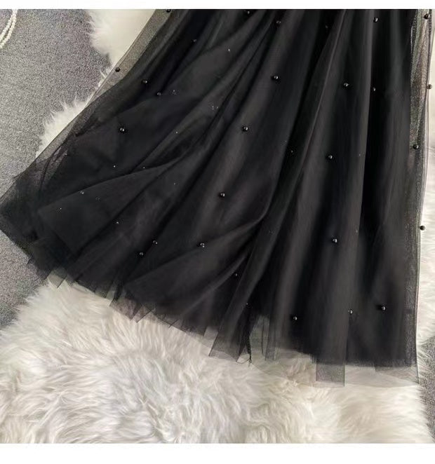 Nailbead tulle skirt, autumn and winter, new style, high waist, medium length, versatile, A-line super fairy skirt 3526