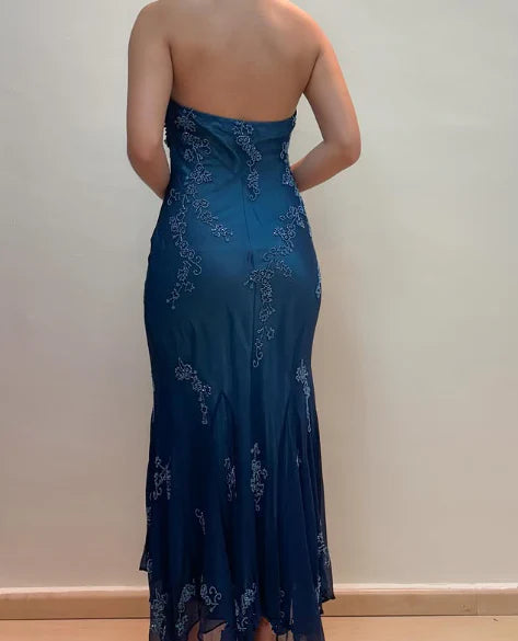 Dunkelblaues Meerjungfrau-Kleid mit Perlen, lang, Chiffon, formelles Abschlussball-Abendkleid, Hochzeitsgast-Partykleid, griechisches Neckholder-Kleid, gh3617b