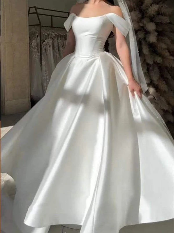 Girlhomeshops - Weißes, schulterfreies, langes, bodenlanges Satin-Hochzeitsballkleid gh5392