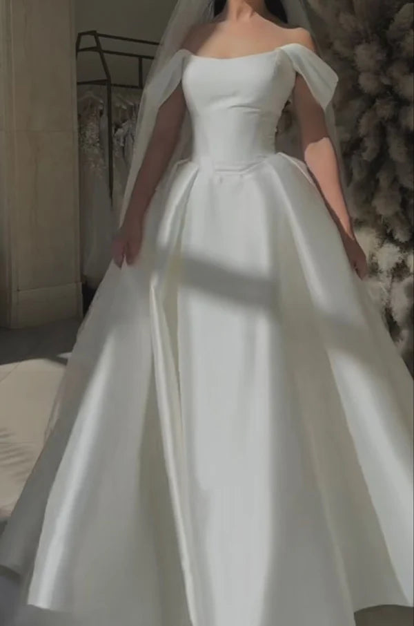 Girlhomeshops - Weißes, schulterfreies, langes, bodenlanges Satin-Hochzeitsballkleid gh5392