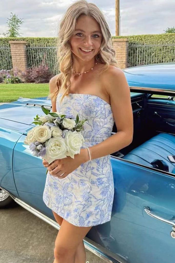 Blaues, florales, elegantes, süßes, kurzes, figurbetontes Homecoming-Kleid, Ballkleid, Partykleid, gh2866