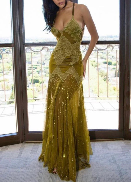 Grün retro mode elegante exquisite spitze hosenträger ärmelloses meerjungfrau lange chiffon elegante ballkleid abendkleid partykleid gh3483