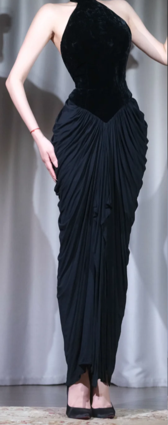 ✨Girlhomeshops-Black Halter Midi Evening Dress Velvet Ruched Draped Prom Gown gh9969
