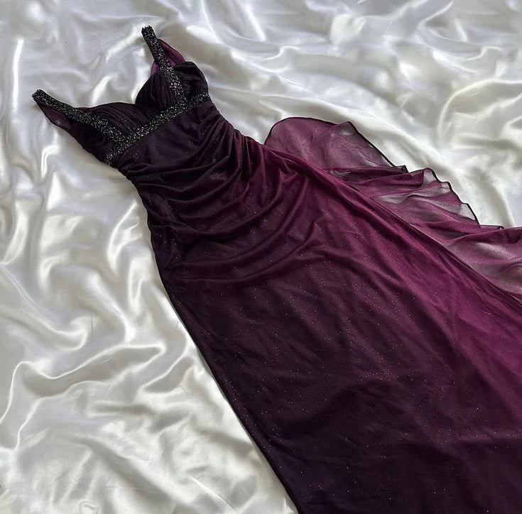 Lila glänzende Mode Farbverlauf Hosenträger lange elegante Chiffon Rüschen Ballkleid Abendkleid Partykleid Ballkleid gh3392