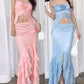 Blue/Pink Floral Ruffle Long Chiffon Outdoor Holiday Travel Party Dress Two-Piece Suit Dress gh4770