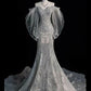 White solid gorgeous fashion elegant floral beaded applique delicate lace A-line long tulle floor length long tail evening gown ball gown wedding dress gh3696