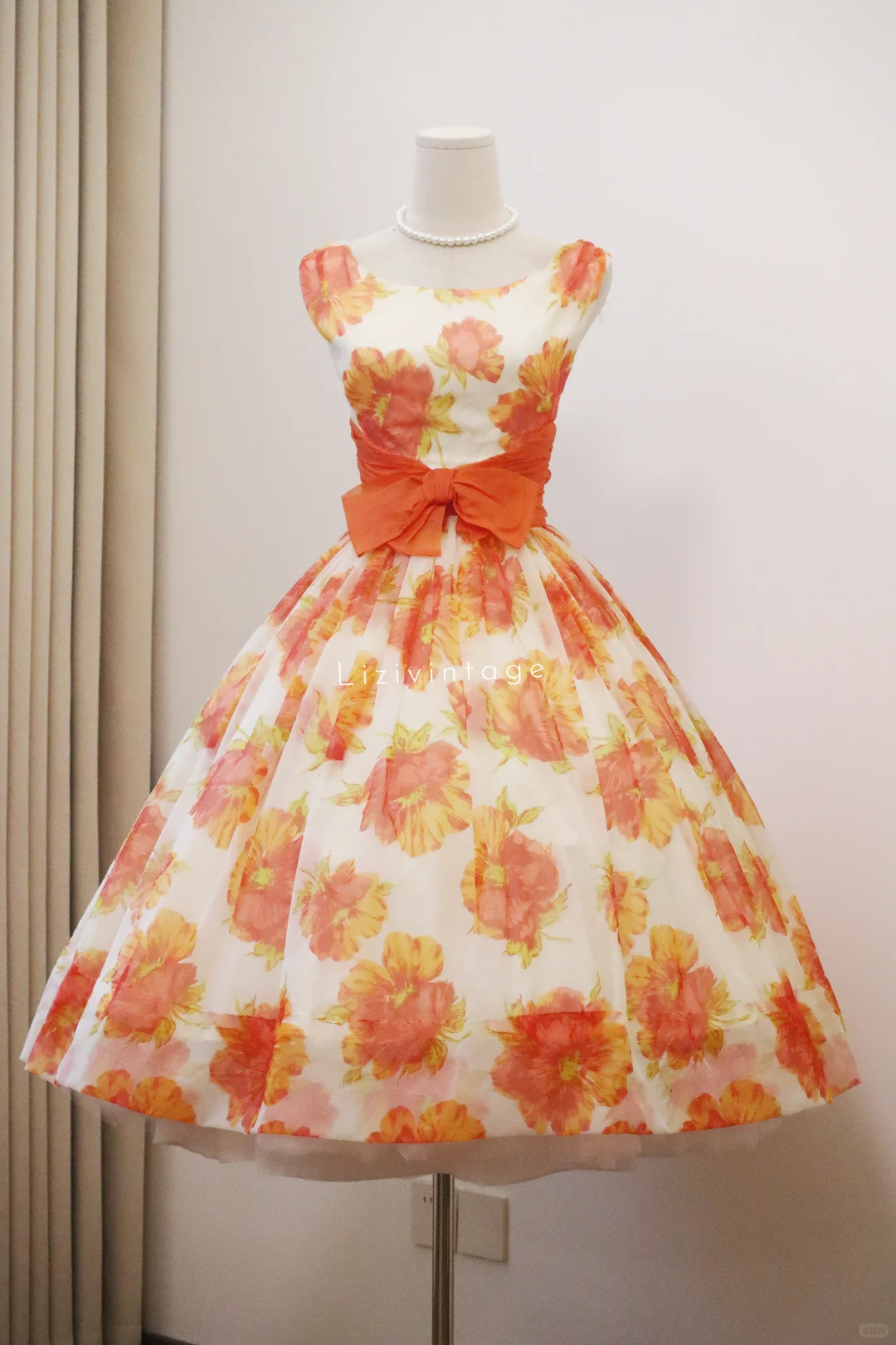 Vintage Orange Floral Homecoming Dress Sleeveless Square Neck Full Skirt Cocktail Gown gh9394