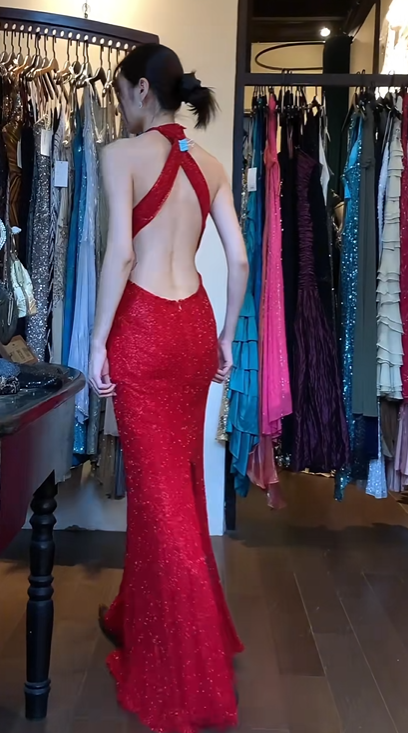 Bright Red Halter Long Formal Gown Allover Sequin Mermaid Evening Dress gh9672