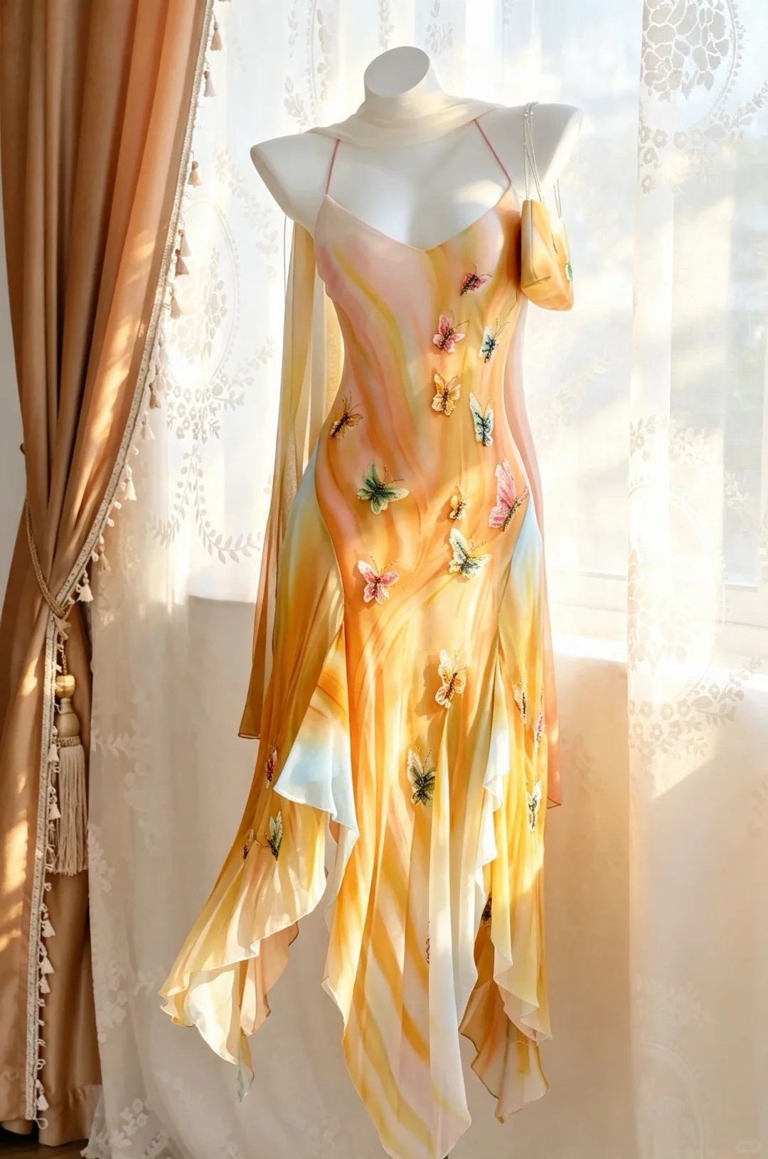 Women Gradient Orange Long Evening Dress Spaghetti Straps 3D Butterfly Floral Appliques Irregular Ruffled Skirt with Matching Sheer Shawl gh9565