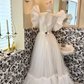 White Ruffled Spaghetti Straps Waist-Cinched Full Flared Skirt Romantic Dress, Wedding Gown gh7626