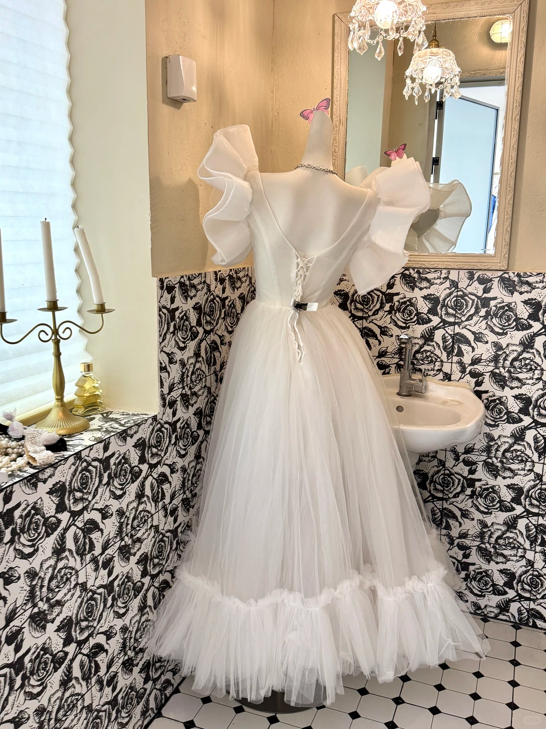 White Ruffled Spaghetti Straps Waist-Cinched Full Flared Skirt Romantic Dress, Wedding Gown gh7626