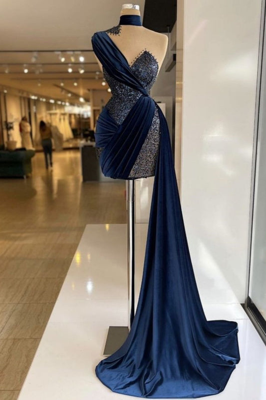 Blaues Satin glänzende Pailletten modisches einzigartiges langes und kurzes Ballkleid Abendkleid gh3125