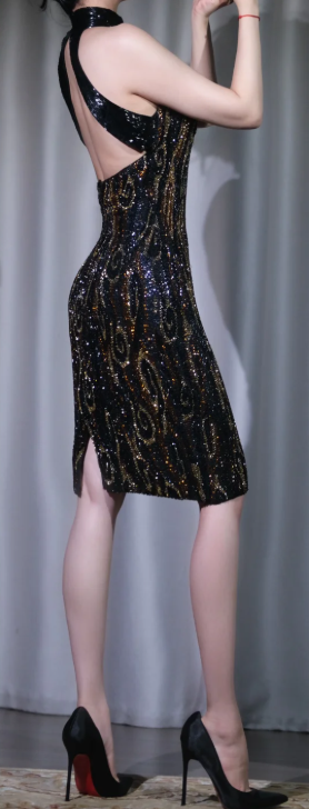 ✨Girlhomeshops-Black Gold Peacock Sequin Short Halter Bodycon Party Dress gh10131