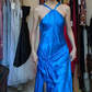Royal Blue Halter Satin Prom Dress Twist Knot Waist Long Draped Formal Evening Gown gh9842