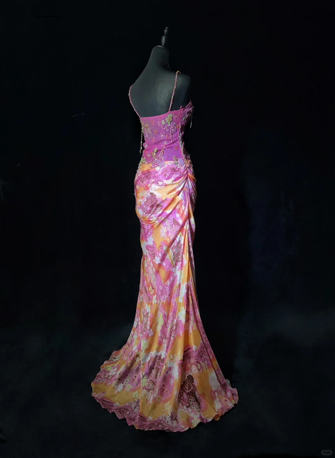 Spaghetti Straps Mermaid Prom Dress Pink Orange Gradient Paisley Floral Print Hand Beaded Formal Gown gh9550