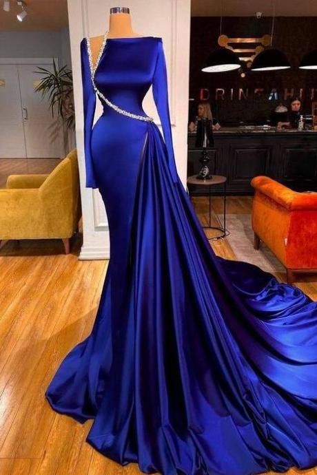 Robe de soirée longue bleue magnifique et brillante avec fente latérale élégante et longue au sol gh3232