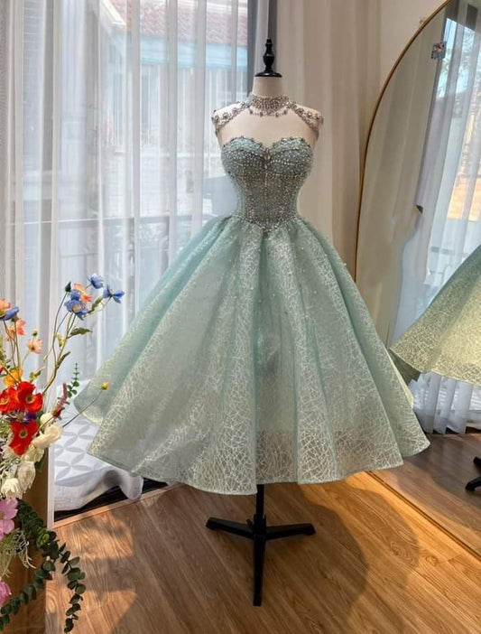 Green Beaded Elegant Long Tulle Ball Gown Evening Gown Party Dress gh4915