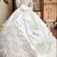 White Vintage Satin Ball Gown Wedding Prom Dress, V‑Neck, 3D Floral Shoulders, Leg‑of‑Mutton Long Sleeves, Multi‑Tier Ruffled Cake Skirt gh8685