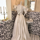 Ivory Satin Puff Sleeve Square Neck Waist-Cinched Full Flared Skirt Long Romantic Dress, Wedding Gown gh7748