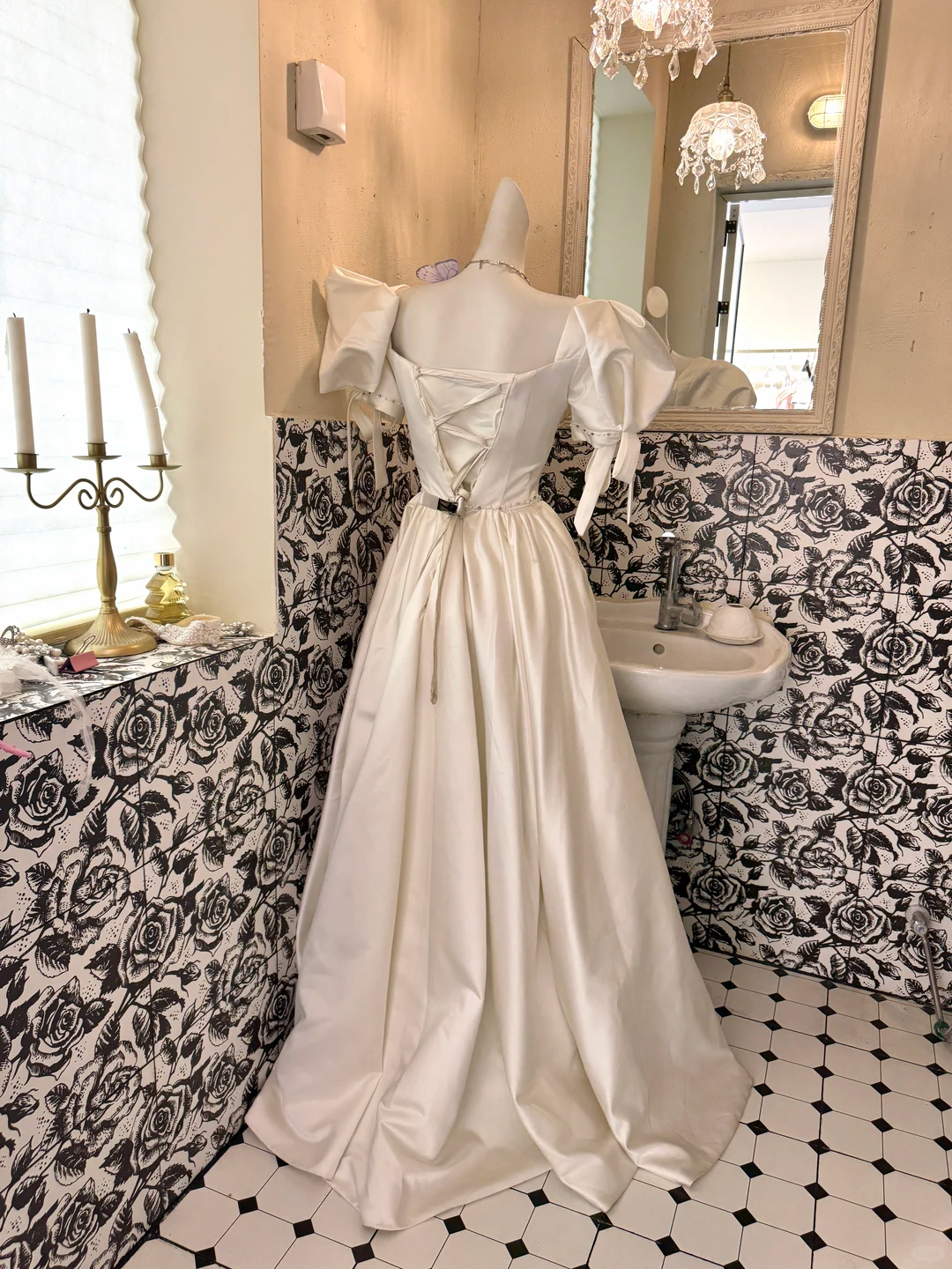 Ivory Satin Puff Sleeve Square Neck Waist-Cinched Full Flared Skirt Long Romantic Dress, Wedding Gown gh7748