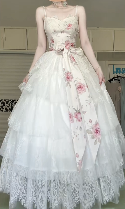 Ivory Pink Rose Print Satin Strapless‑Strap Ball Gown, Sweetheart Lace Bodice Big Bow Sash Multi‑Layer Lace A‑Line Formal Prom Dress gh8972