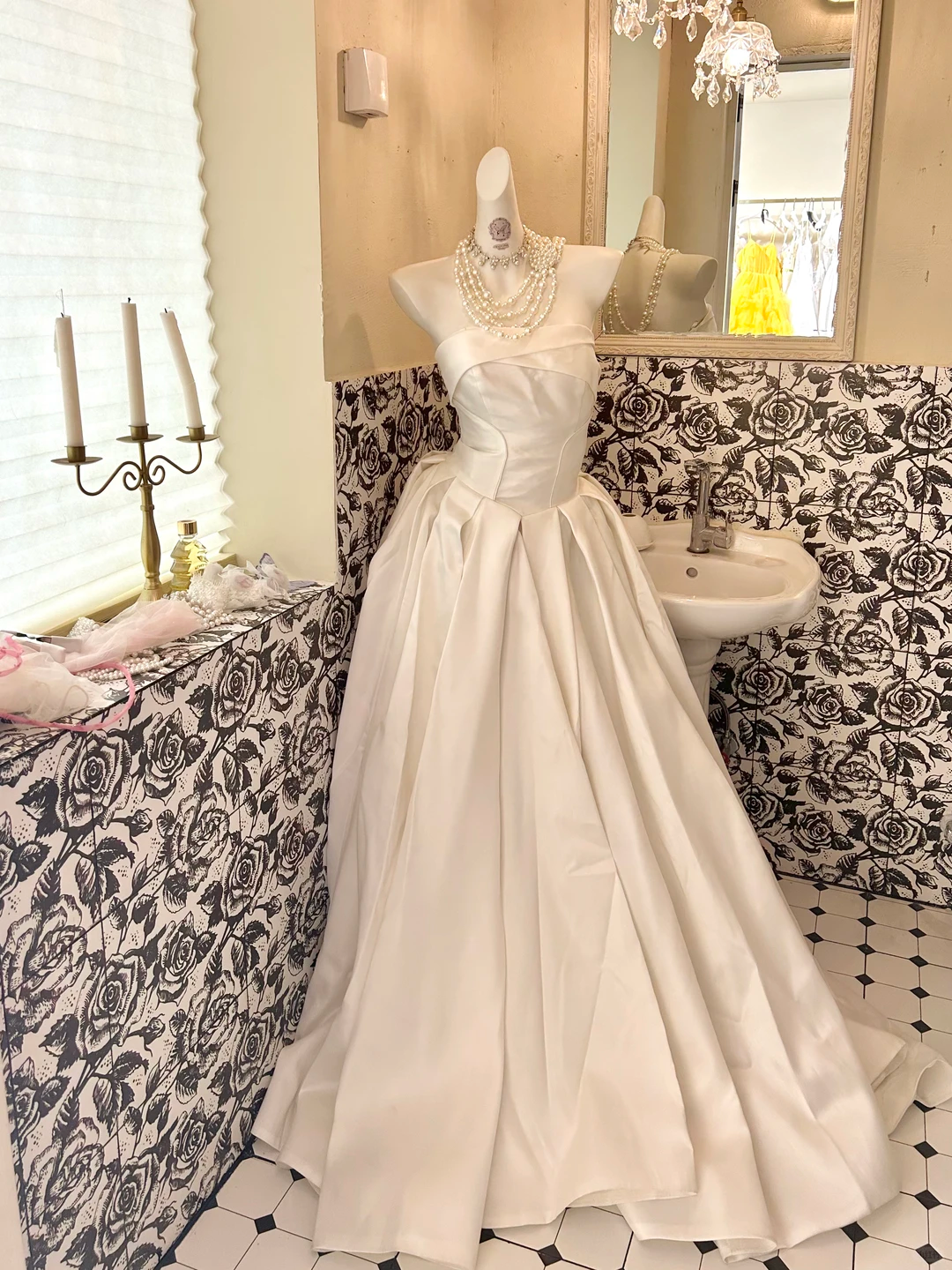 White Satin Strapless Cinched Waist Full Flared Skirt Long Elegant Romantic Dress, Wedding Gown gh7814