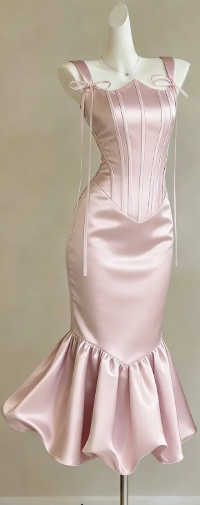 Sweetheart Neck Dusty Pink Satin Prom Gown Corset Seam Detail Mermaid Ruffle Hem Evening Dress gh9476