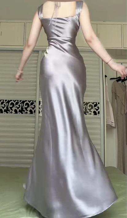 Silver‑Grey Square Neck Wide Strap Mermaid Evening Gown, Sequin Beaded Bodice Satin Formal Prom Dress gh9023